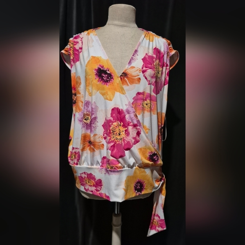INC International Concepts Floral Wrap Blouse - Pink and Yellow